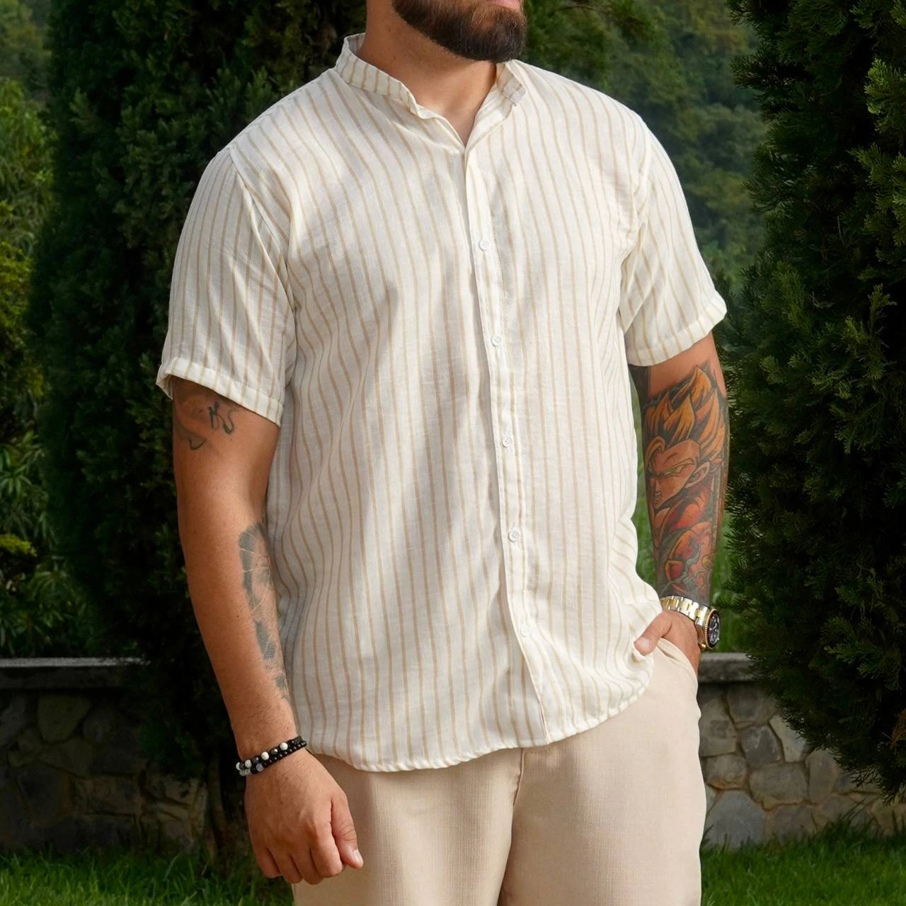 Camisa Manga Corta Lino Santorini New Edition Amarillo Rayas